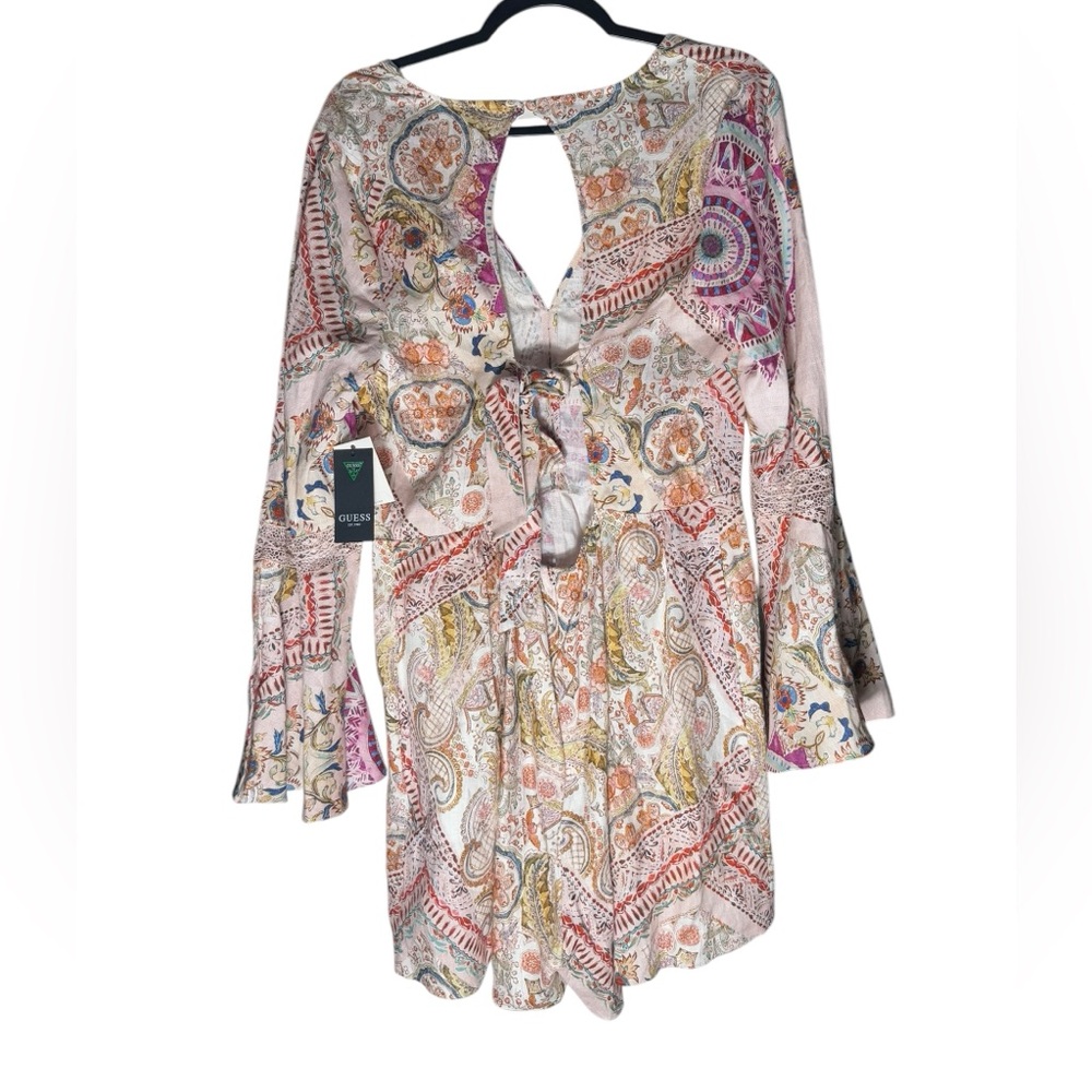 Guess 100% Linen Romper Women XL Paisley Flared Sleeves Designer Summer NWT $158 - Picture 2 of 12
